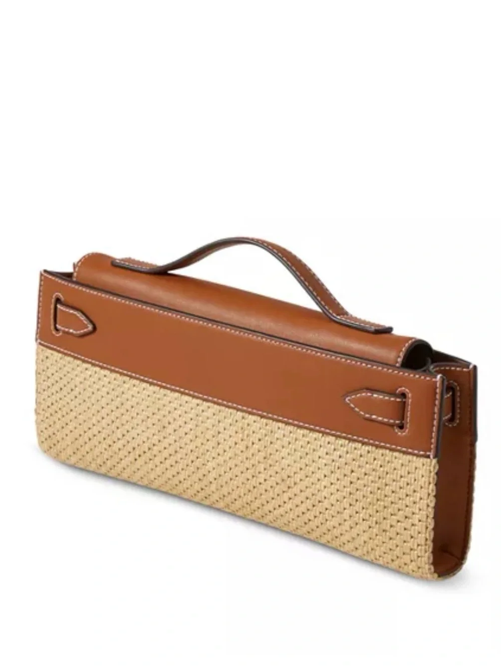 Veronica Beard Dash Raffia Clutch Hazelwood Leather Top Handle Bag - Picture 5 of 12